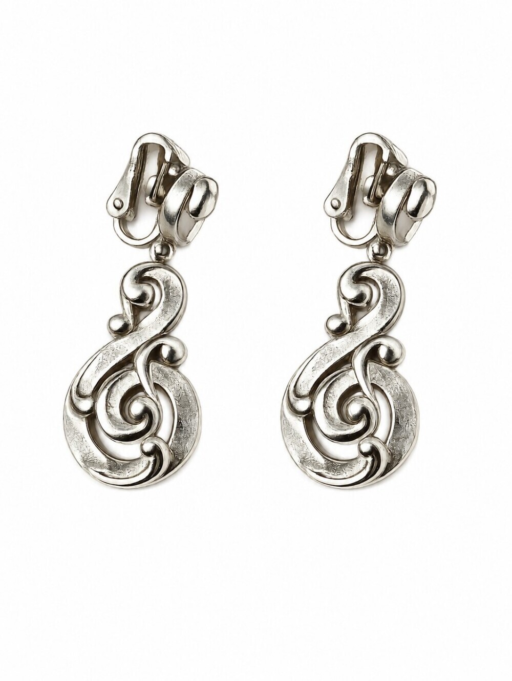 Trifari Vintage 60s Silver-Tone Swirl Clip-On Drop Earrings - Silver